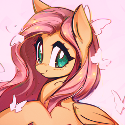 Size: 3000x3000 | Tagged: safe, artist:mirroredsea, fluttershy, butterfly, pegasus, pony, cute, female, high res, looking at you, mare, pink background, shyabetes, simple background, smiling, solo, wings