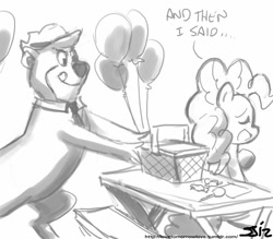 Size: 840x735 | Tagged: safe, artist:johnjoseco, pinkie pie, earth pony, pony, :q, balloon, candy, crossover, eyes closed, eyes on the prize, food, grayscale, licking, licking lips, monochrome, open mouth, picnic basket, sitting, smiling, tongue out, yogi bear