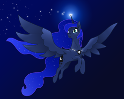 Size: 1500x1200 | Tagged: safe, artist:joan-grace, princess luna, alicorn, pony, flying, lens flare, solo, starry mane