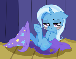 Size: 600x471 | Tagged: safe, artist:puchiko, derpibooru import, trixie, pony, unicorn, blushing, crying, cute, diatrixes, female, mare, pixiv, sad, solo, trixie's hat