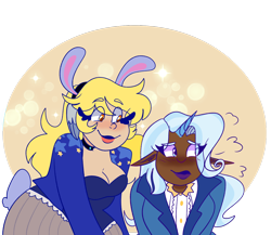 Size: 1280x1110 | Tagged: safe, artist:cubbybatdoodles, derpibooru import, derpy hooves, ditzy doo, trixie, human, bunny suit, dark skin, elf ears, female, horned humanization, humanized, lesbian, playboy bunny, shipping, tripy, unicorns as elves, wing ears