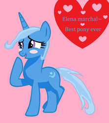 Size: 894x1006 | Tagged: safe, artist:dangerdana220, artist:fersgaard, derpibooru import, edit, trixie, pony, unicorn, 1000 hours in ms paint, base used, blushing, female, heart, mare, ms paint, one hoof raised, pink background, simple background, solo, standing