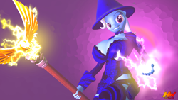 Size: 1280x720 | Tagged: safe, artist:hyperwave9000, derpibooru import, trixie, anthro, 3d, big breasts, breasts, female, fire, grin, magic, magician, raised eyebrow, solo, staff, titsie