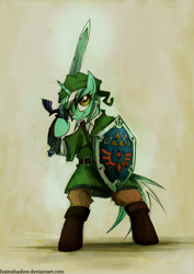 Size: 706x1000 | Tagged: safe, artist:foxinshadow, lyra heartstrings, pony, bipedal, hylian shield, link, master sword, parody, shield, solo, sword, the legend of zelda