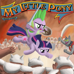 Size: 1000x1000 | Tagged: safe, artist:kefkafloyd, rover, spike, twilight sparkle, unicorn twilight, diamond dog, dragon, pony, unicorn, album cover, army, dragons riding ponies, duo, female, lance, male, mare, molly hatchet, riding, scimitar, shield, sword