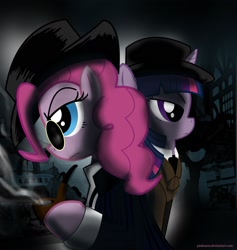 Size: 1760x1857 | Tagged: safe, artist:pinkanon, derpibooru import, pinkie pie, twilight sparkle, earth pony, pony, unicorn, duo, female, mare, sherlock holmes