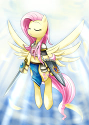 Size: 1768x2480 | Tagged: safe, artist:roshichen, derpibooru import, fluttershy, pegasus, pony, armor, eyes closed, floating, pixiv, shield, solo, sword