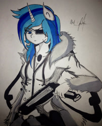 Size: 1656x2046 | Tagged: safe, artist:mr-skyliner34, gleaming shield, shining armor, anthro, ambiguous facial structure, arrancar, bleach (manga), coyote starrk, crossover, eared humanization, espada, eyepatch, gun, horned humanization, rule 63, solo, traditional art, weapon