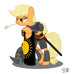 Size: 4400x4500 | Tagged: safe, artist:elsadzonka, derpibooru import, applejack, earth pony, pony, semi-anthro, absurd resolution, armor, helmet, scutum, shield, solar empire, soldier, solo, sword, warrior, weapon