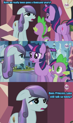 Size: 500x843 | Tagged: safe, derpibooru import, edit, edited screencap, screencap, sapphire joy, spike, twilight sparkle, unicorn twilight, crystal pony, dragon, pony, unicorn, the crystal empire, spoiler:s03, female, fridge logic, hub logo, implied princess luna, male, mare