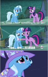 Size: 558x903 | Tagged: safe, derpibooru import, trixie, twilight sparkle, pony, unicorn, magic duel, bullying, female, mare, out of character, trixiebuse, twibitch sparkle