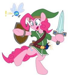 Size: 5460x5970 | Tagged: safe, artist:dfectivedvice, artist:twiforce, derpibooru import, pinkie pie, parasprite, pony, absurd resolution, bipedal, colored, cosplay, dexterous hooves, duo, female, hat, hoof hold, human pose, link, mare, navi, paraspritized, shield, simple background, solo, species swap, sword, the legend of zelda, transparent background, triforce, vector