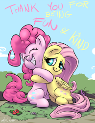 Size: 1084x1400 | Tagged: safe, artist:atryl, fluttershy, pinkie pie, earth pony, pegasus, pony, friendship, heartwarming, hug