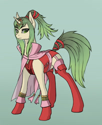 Size: 1600x1974 | Tagged: safe, artist:asimos, pony, unicorn, boots, cape, clothes, fire emblem, manakete, ponified, ponytail, socks, solo, thigh highs, tiki, tunic