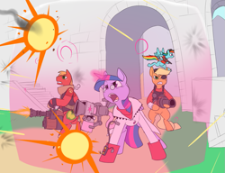 Size: 1003x772 | Tagged: safe, artist:metal-kitty, derpibooru import, applejack, big macintosh, rainbow dash, twilight sparkle, twilight sparkle (alicorn), alicorn, earth pony, pegasus, pony, bipedal, clothes, demo jack, demoman, explosion, eyepatch, female, glasses, heavy, heavy mac, mann vs machine, mare, medic, rainbow scout, rottenburg, scout, shield, shoes, team fortress 2, twi medic, vaccinator, weapon