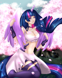 Size: 1024x1280 | Tagged: safe, artist:lovelyaribear, twilight sparkle, twilight sparkle (alicorn), alicorn, human, cherry blossoms, clothes, horned humanization, humanized, midriff, pantyhose, petals, skirt, socks, solo, tailed humanization, thigh highs, top, winged humanization