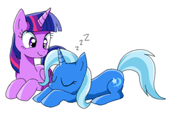 Size: 560x368 | Tagged: safe, artist:lotte, derpibooru import, edit, trixie, twilight sparkle, twilight sparkle (alicorn), alicorn, pony, cropped, female, lesbian, shipping, sleeping, twixie