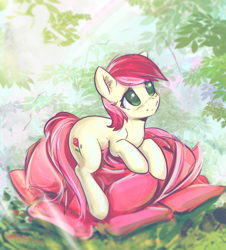 Size: 2688x2974 | Tagged: safe, artist:mirroredsea, roseluck, earth pony, pony, cute, female, flower, mare, outdoors, prone, rose, smiling, solo