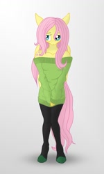 Size: 692x1153 | Tagged: safe, artist:romus91, fluttershy, anthro, pegasus, black stockings, clothes, cutie mark on shoulder, cyan eyes, digital art, female, gradient background, green sweater, hands together, looking at you, mare, off shoulder, off shoulder sweater, pink hair, pink mane, pink tail, solo, stockings, sweater, sweatershy, thigh highs, yellow coat