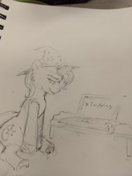 Size: 3024x4032 | Tagged: artist needed, safe, derpibooru import, trixie, pony, unicorn, /mlp/, computer, female, hat, implying, laptop computer, mare, monochrome, shitposting, simple background, sitting, solo, traditional art