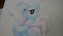 Size: 2048x1152 | Tagged: safe, artist:nevermoresin, derpibooru import, trixie, pony, unicorn, female, grin, mare, solo, traditional art