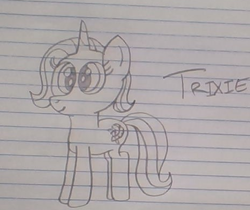 Size: 463x389 | Tagged: safe, artist:nightshadowmlp, derpibooru import, trixie, unicorn, female, lined paper, mare, smiling, solo, text, traditional art