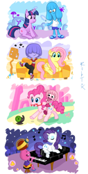 Size: 3300x6517 | Tagged: safe, artist:rubtox, derpibooru import, fluttershy, pinkie pie, rarity, twilight sparkle, earth pony, pegasus, pony, unicorn, dodo (jelly jamm), goomo, jelly jamm, mina (jelly jamm), ongo, piano, rita