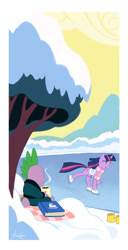 Size: 600x1176 | Tagged: safe, artist:janeesper, derpibooru import, spike, twilight sparkle, dragon, book, clothes, hot chocolate, ice skating, saddle, scarf, winter