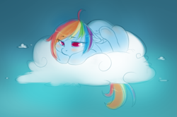 Size: 1189x790 | Tagged: safe, artist:vella, rainbow dash, pegasus, pony, blushing, cloud, cute, frown, looking down, sad, solo