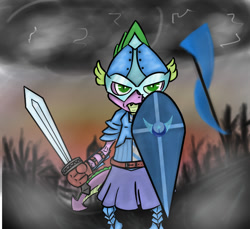 Size: 600x550 | Tagged: safe, artist:radecfrack, spike, anthro, armor, banner, belt, black clouds, bracer, clothes, cloud, cloudy, fantasy class, frown, gloves, helmet, kite shield, knight, new lunar republic, shield, solo, sword, tunic, warrior