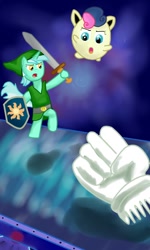 Size: 600x1000 | Tagged: safe, artist:scootyloo, bon bon, lyra heartstrings, sweetie drops, jigglypuff, pony, unicorn, bipedal, crossover, female, link, master hand, nintendo, pokefied, pokémon, shield, species swap, super smash bros., sword, the legend of zelda, weapon