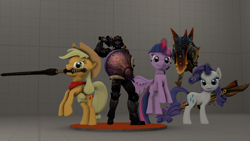 Size: 1280x720 | Tagged: safe, artist:ssjmutalisk22, derpibooru import, applejack, rarity, twilight sparkle, twilight sparkle (alicorn), alicorn, earth pony, pony, unicorn, 3d, bowgun, crossover, female, hammer, mare, monster hunter, monster hunter tri, monster hunter tri weapons, odst, shield, source filmmaker, sword, weapon