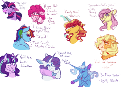 Size: 7000x5000 | Tagged: safe, artist:uunicornicc, derpibooru import, applejack, fluttershy, pinkie pie, rainbow dash, rarity, starlight glimmer, sunset shimmer, trixie, twilight sparkle, earth pony, pegasus, pony, unicorn, bust, colored sketch, eyes closed, female, mane six, mare, simple background, smiling, white background