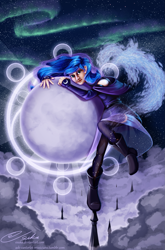 Size: 1385x2098 | Tagged: safe, artist:esuka, princess luna, human, aurora borealis, boots, clothes, crepuscular rays, humanized, moon, pantyhose, shirt, skirt, solo, tangible heavenly object