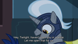 Size: 550x309 | Tagged: safe, derpibooru import, screencap, twilight sparkle, pony, unicorn, it's about time, caption, guard, helmet, male, night guard, open mouth, out of context, royal guard, solo focus, stallion