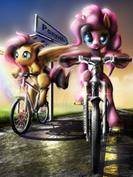 Size: 1200x1600 | Tagged: safe, artist:wylfden, fluttershy, pinkie pie, earth pony, pegasus, pony, bicycle, duo, duo female, female, looking at you, ride to conquer cancer, road, sign, smiling, spread wings, wings