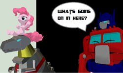 Size: 842x503 | Tagged: safe, pinkie pie, earth pony, pony, female, grimlock, mare, optimus prime, pink coat, pink mane, transformers