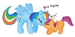 Size: 900x453 | Tagged: source needed, safe, artist:mickeymonster, rainbow dash, scootaloo, pegasus, pony, bedroom eyes, blushing, boop, cute, cutealoo, eyes closed, grin, noseboop, nuzzling, scootalove, smiling, spread wings