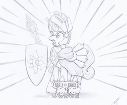 Size: 1024x844 | Tagged: safe, artist:xeviousgreenii, pony, armor, atg 2020, magic, monochrome, newbie artist training grounds, royal guard, shield, solo, spear, traditional art, weapon