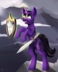 Size: 2000x2500 | Tagged: safe, artist:freak-side, oc, oc:pursord, pony, unicorn, shield, solo, sword, weapon