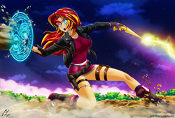 Size: 5336x3610 | Tagged: safe, artist:mauroz, sunset shimmer, equestria girls, anime, clothes, horn wand, jacket, magic, multiple variants, open mouth, shield, sweat