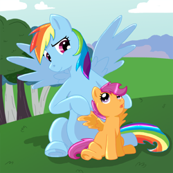 Size: 1000x1000 | Tagged: safe, artist:kayla-san, rainbow dash, scootaloo, pegasus, pony, scootalove, story included