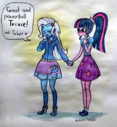 Size: 600x652 | Tagged: safe, artist:konatanazz, derpibooru import, sci-twi, trixie, twilight sparkle, equestria girls, female, lesbian, misspelling, sci-twixie, shipping, traditional art, twixie