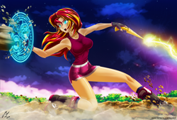 Size: 5336x3610 | Tagged: safe, artist:mauroz, sunset shimmer, equestria girls, anime, clothes, horn wand, magic, multiple variants, open mouth, shield, sleeveless, sweat, tanktop