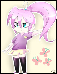 Size: 1333x1731 | Tagged: safe, artist:php69, fluttershy, human, alternate hairstyle, clothes, humanized, pleated skirt, ponytail, skirt, socks, solo, thigh highs, zettai ryouiki