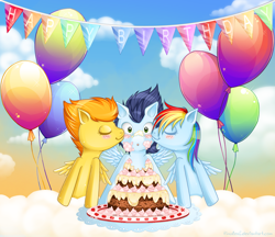 Size: 2184x1887 | Tagged: safe, artist:tinuleaf, rainbow dash, soarin', spitfire, pegasus, pony, birthday, blushing, cake, female, kiss on the cheek, kiss sandwich, kissing, lucky bastard, male, polyamory, shipping, soarin' gets all the mares, soarindash, soarindashfire, soarinfire, straight