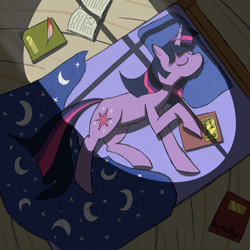 Size: 1500x1500 | Tagged: safe, artist:rumblealex, derpibooru import, twilight sparkle, pony, unicorn, bed, book, dark, golden oaks library, high angle, lucid dreaming, on side, sleeping, solo