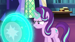 Size: 1920x1080 | Tagged: safe, screencap, starlight glimmer, pony, every little thing she does, shield, solo, twilight's castle