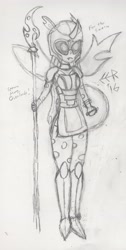 Size: 1763x3485 | Tagged: safe, artist:e-e-r, changeling, equestria girls, armor, equestria girls-ified, female, glaive, helmet, humanized, monochrome, shield, solo, traditional art, weapon, wip