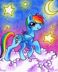 Size: 536x666 | Tagged: dead source, safe, artist:jacky-bunny, rainbow dash, pegasus, pony, cloud, crescent moon, female, folded wings, mare, moon, smiling, smirk, solo, stars, wings